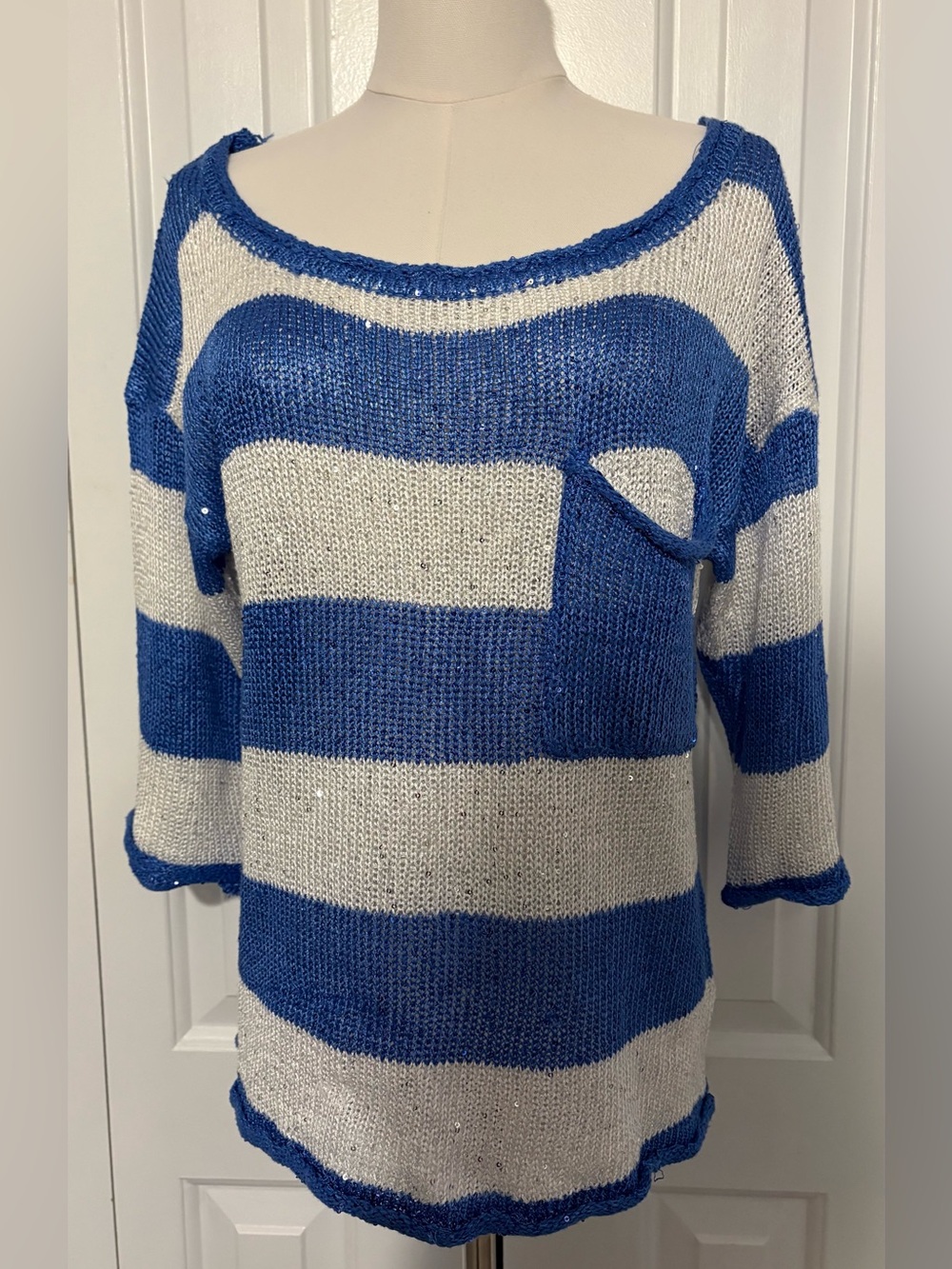 NICOLE ALEXANDER, Wide Neck, Royal Blue & White Striped Knit Sweater w/Sequins
